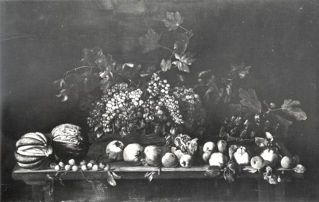 Anonimo — de Zurbarán Juan - sec. XVII - Natura morta con cesto d'uva, melagrane, mele cotogne, meloni e fichi — insieme